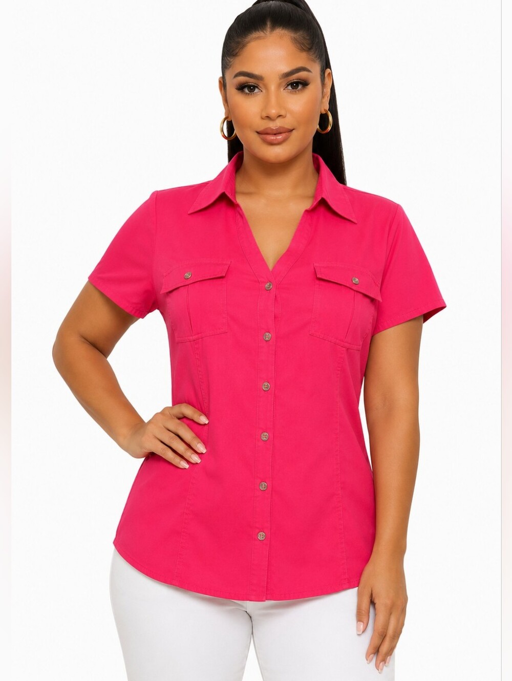 Cato Women’s Fuchsia Pink Button-Down Short Sleeve Blouse Size L.